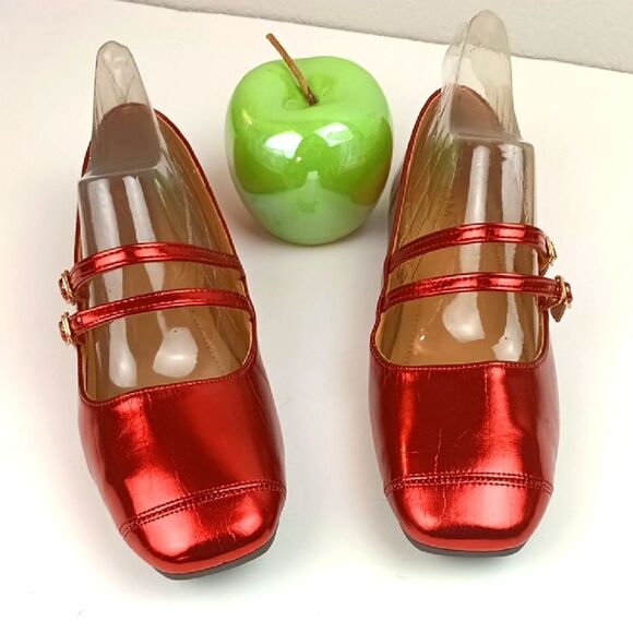 Womens Cherry Red Metallic Square Toe Double Strap Mary Jane Shoes/flats sz 11.5 - Picture 2 of 11
